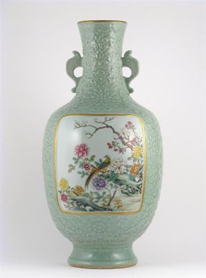 Appraisal: A Chinese two-handled celadon vase with two panels containing pairs