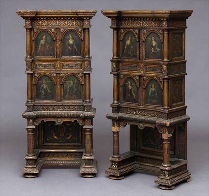 Appraisal: PAIR OF ITALIAN RENAISSANCE-STYLE CARVED AND PAINTED WOOD SIDE CABINETS