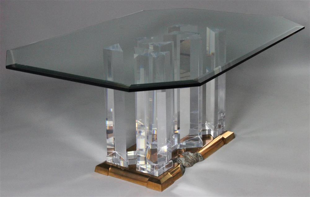 Appraisal: JEFFREY BIGELOW CAST BRONZE LUCITE AND GLASS PEDESTAL DINING TABLE