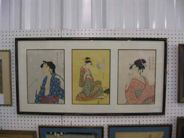 Appraisal: Japanese Woodblock Prints framed together two on special reflective paper