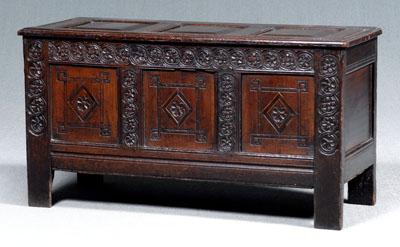 Appraisal: Early English carved oak chest carved and paneled front with