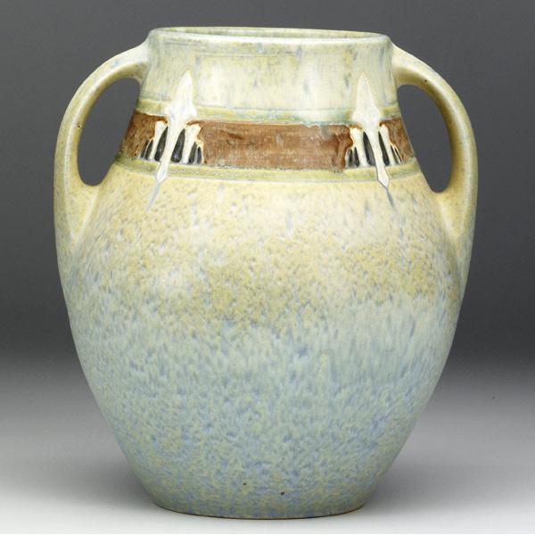 Appraisal: ROSEVILLE Green Montacello vase great speckled glaze Unmarked