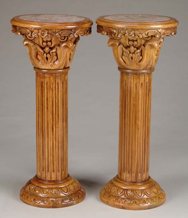 Appraisal: PAIR OF CARVED WOOD COLUMN PEDESTALS Late th Century Fluted