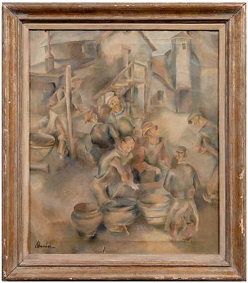 Appraisal: John Barber painting New York - workers around smelting pots