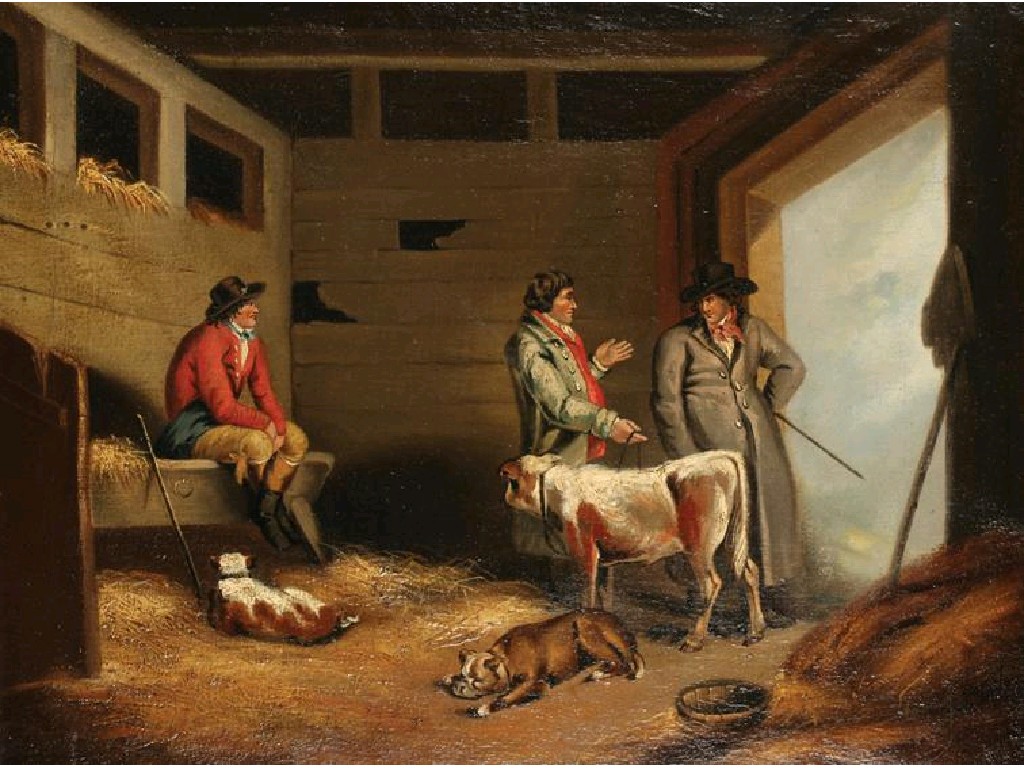 Appraisal: FOLLOWER OF GEORGE MORLAND Figures in a barn interior with