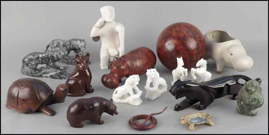 Appraisal: COLLECTION OF CARVED WOOD AND CARVED STONE ANIMAL FIGURES Includes