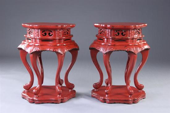 Appraisal: PAIR CHINESE RED LACQUERED ELMWOOD SIDE TABLES th century Shanxi