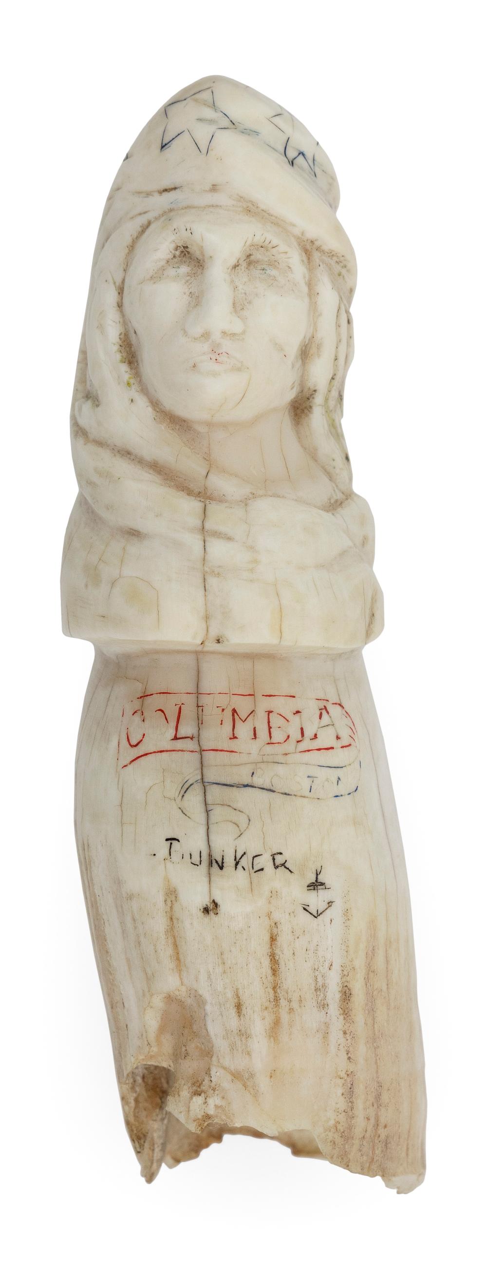 Appraisal: SCRIMSHAW WHALE'S TOOTH CARVED AS A COLUMBIA FIGUREHEAD TH CENTURY