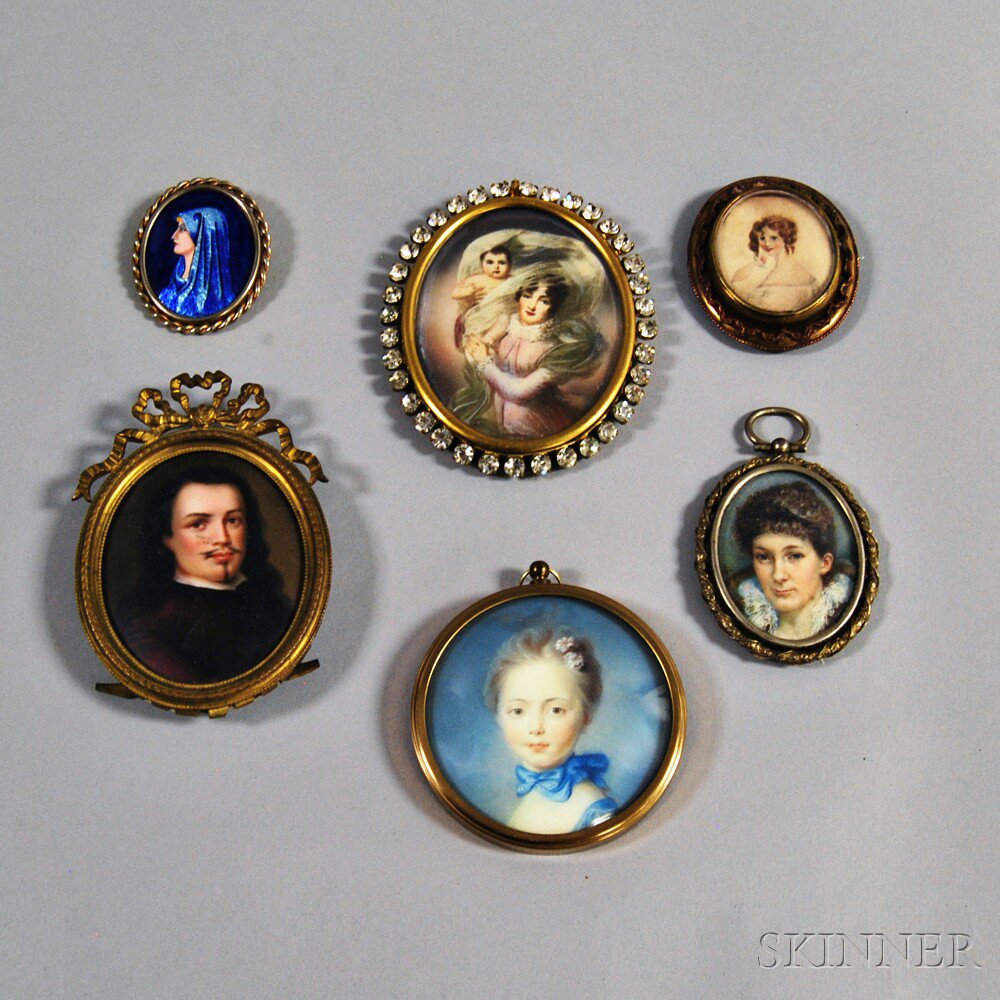 Appraisal: Six Assorted Framed Portrait Miniatures an enameled profile of a