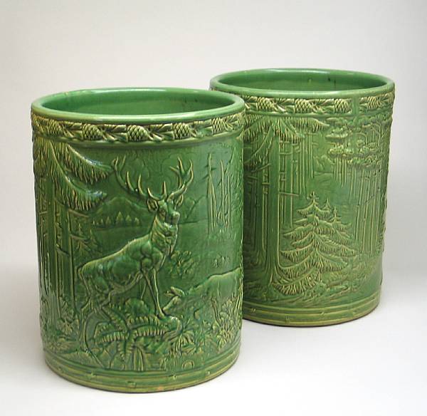 Appraisal: A pair of English green glazed majolica cylindrical jardinieres early