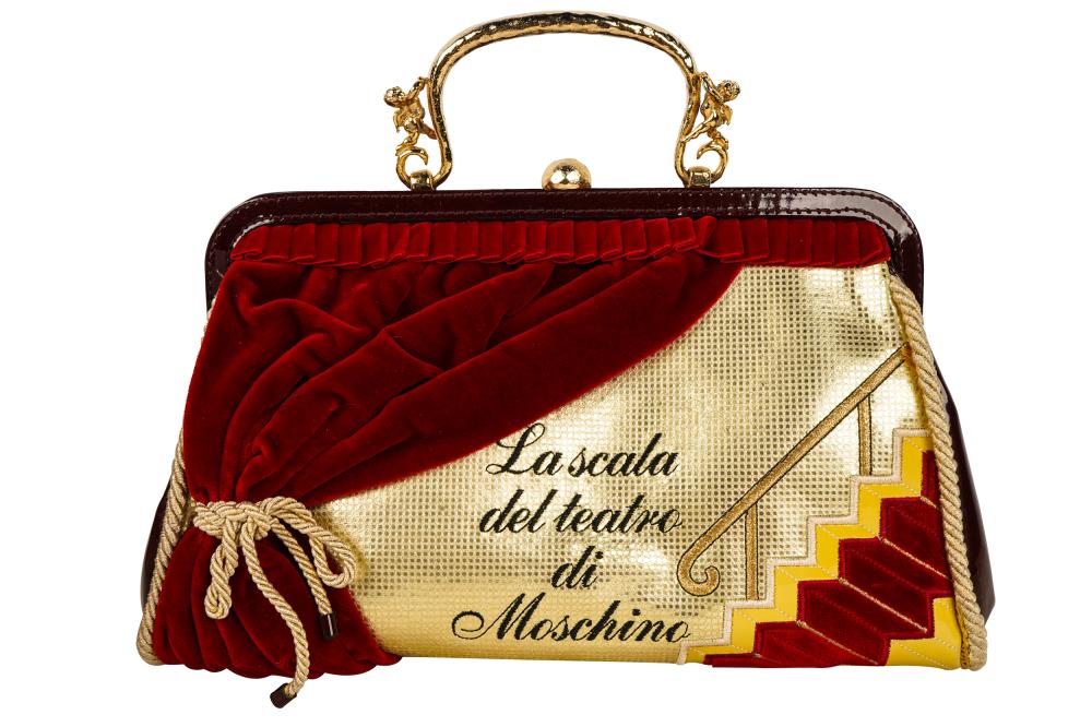 Appraisal: MOSCHINO LA SCALA DEL TEATRO THEATER HANDBAGburgundy patent leather and