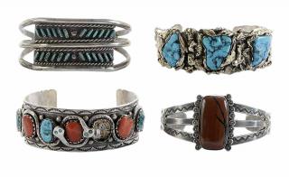 Appraisal: Four Southwestern Cuff Bracelets one cuff with intertwinging snake motif