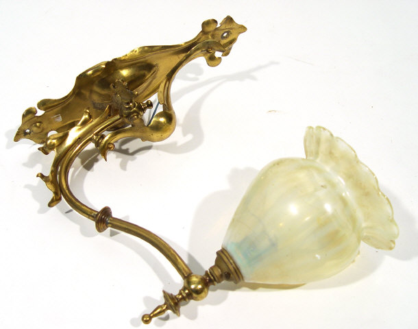 Appraisal: Art Nouveau adjustable brass wall sconce with green vaseline glass