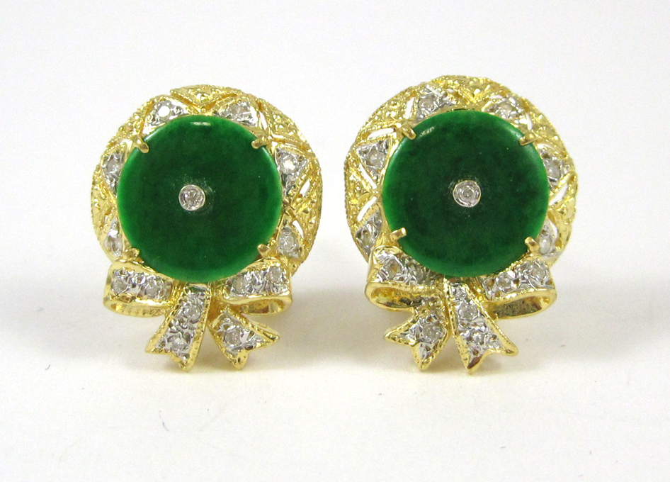 Appraisal: PAIR OF GREEN JADE AND DIAMOND EARRINGS each k yellow