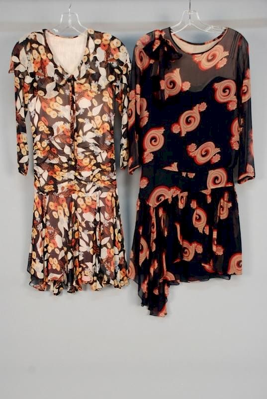 Appraisal: TWO PRINTED CHIFFON DRESSES s Both long sleeve One navy