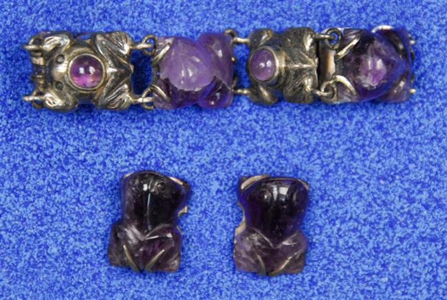 Appraisal: MEXICAN SILVER AND CARVED HARDSTONE FROG BRACELET AND EAR CLIPS