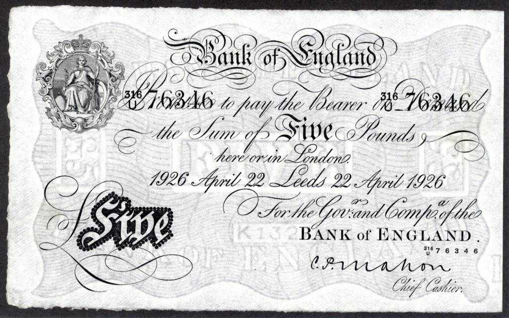 Appraisal: BANK OF ENGLAND C P MAHON WHITE FIVE POUNDS LEEDS