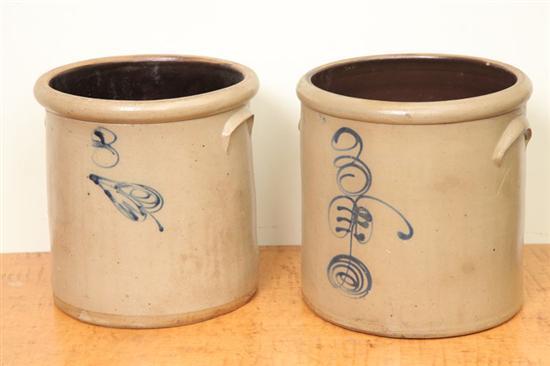 Appraisal: TWO STONEWARE CROCKS Both three gallon with collared rims and