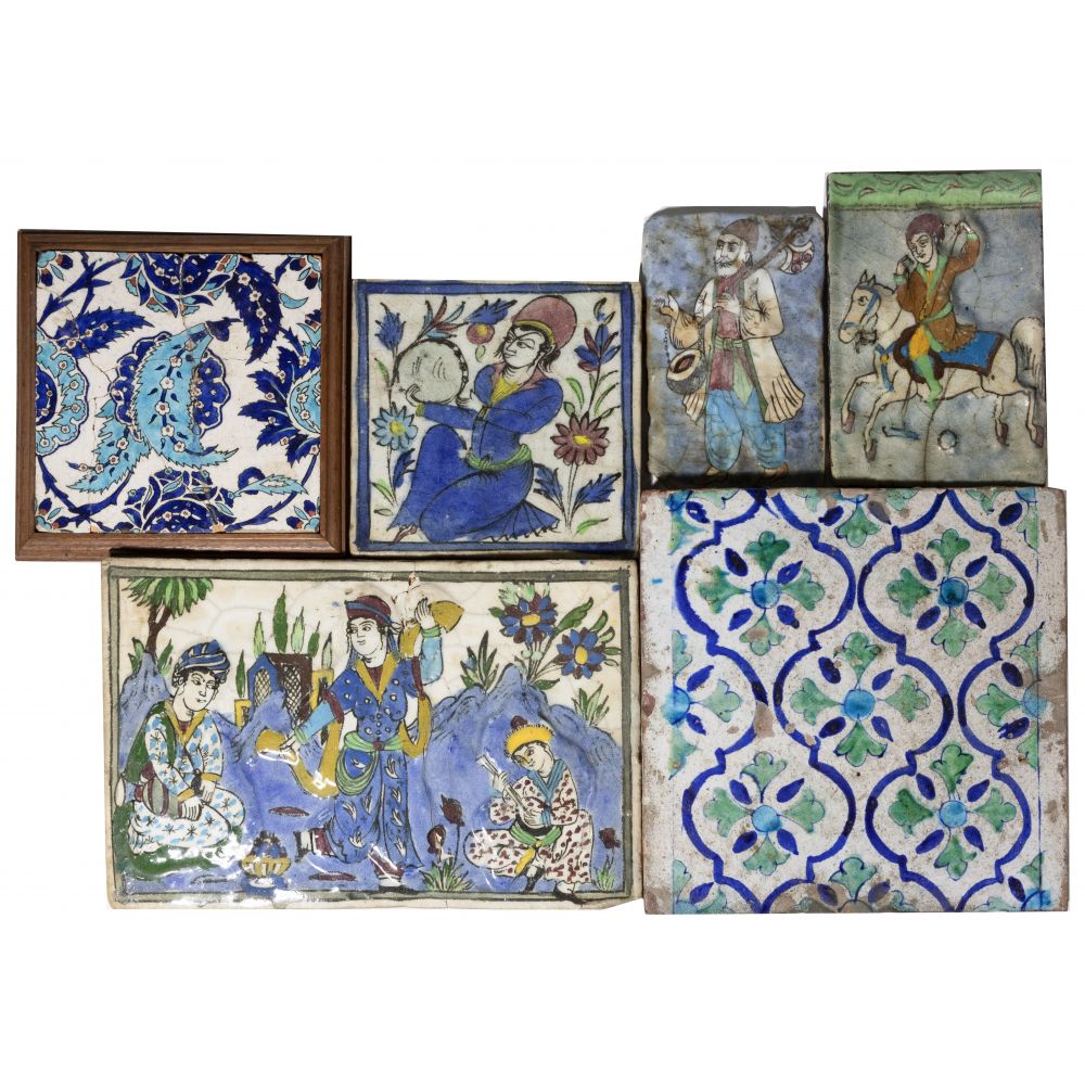 Appraisal: PERSIAN TILE ASSORTMENT tiles including geometric and figural motif hand