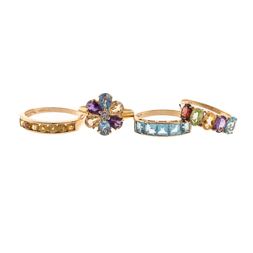 Appraisal: A Collection of Gemstone Rings in Gold K yellow gold