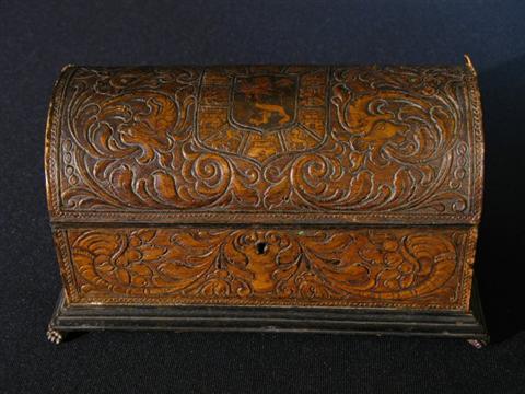 Appraisal: CUIR BOUILLI TOOLED LEATHER BOX th century in the Renaissance