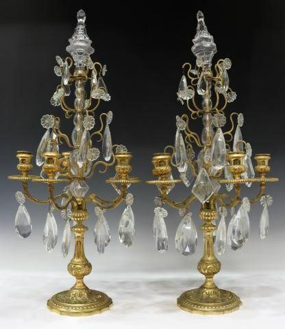 Appraisal: pair French bronze dore and crystal five-light girandole candelabra early