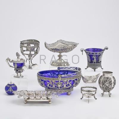 Appraisal: ORNAMENTAL CONTINENTAL SILVER Ten pieces Renaissance style basket with cobalt