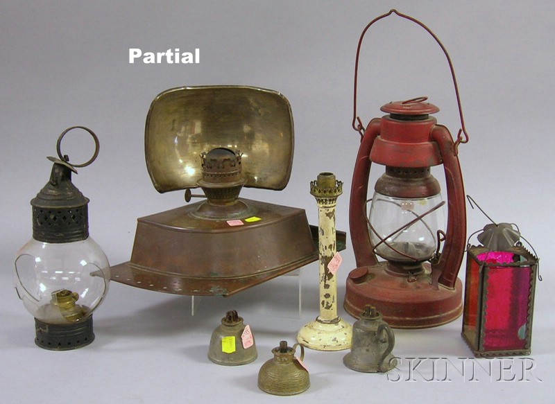 Appraisal: Nine Pieces of Assorted Lighting and Lanterns a painted brass