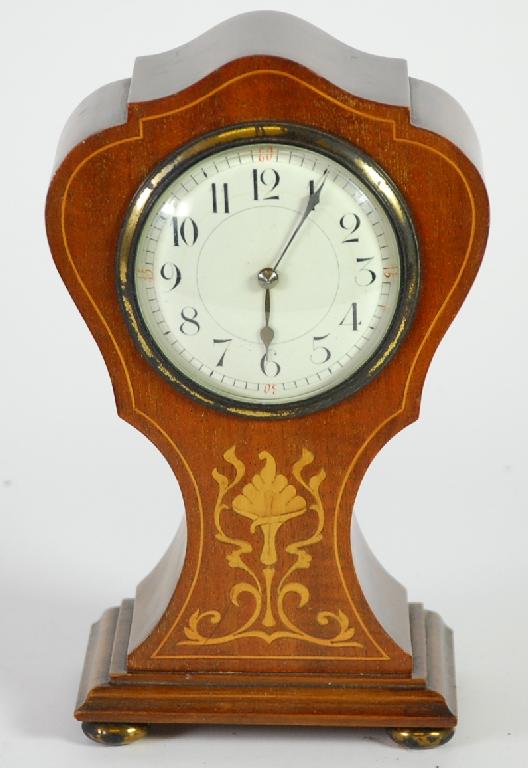 Appraisal: EDWARDIAN INLAID MAHOGANY MANTEL CLOCK with eight day movement circular