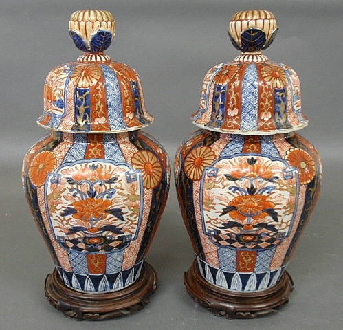 Appraisal: - Pair of large colorful Japanese Imari porcelain covered urns