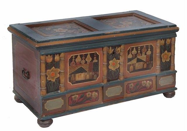 Appraisal: AN ANTIQUE RUSSIAN PAINTED COFFER with hinged rising lid and