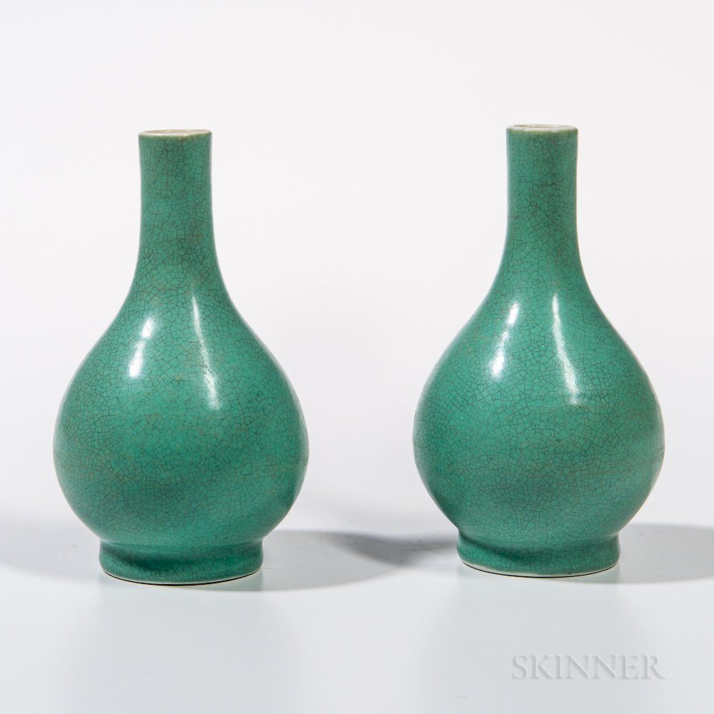 Appraisal: Pair of Small Crackle-glazed Turquoise Blue Bottle Vases Pair of