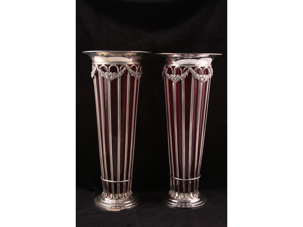 Appraisal: Pair of Silver Plate Vases with Ruby Glass Liners of