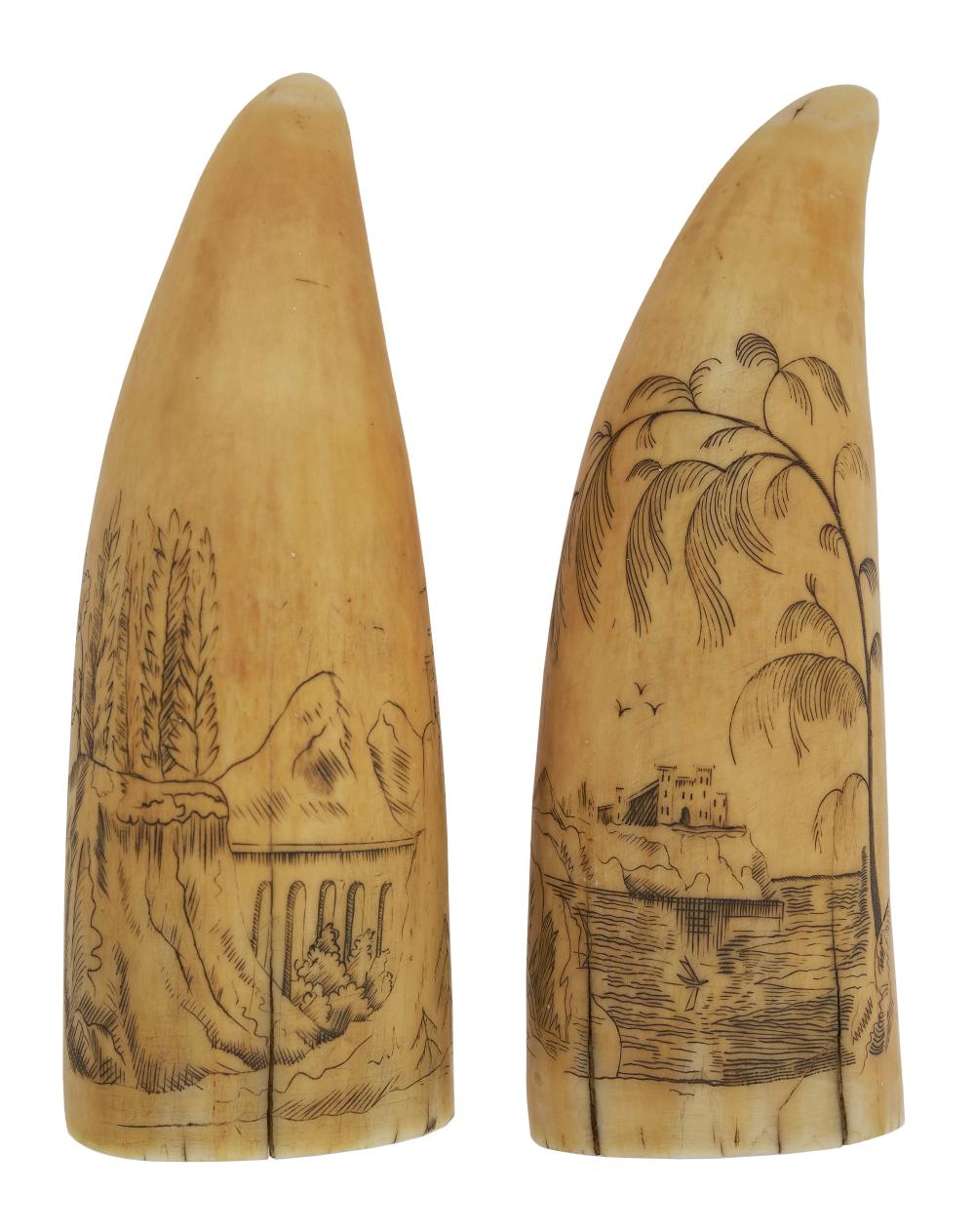 Appraisal: PAIR OF SCRIMSHAW WHALE'S TEETH WITH LANDSCAPES TH CENTURY LENGTHS