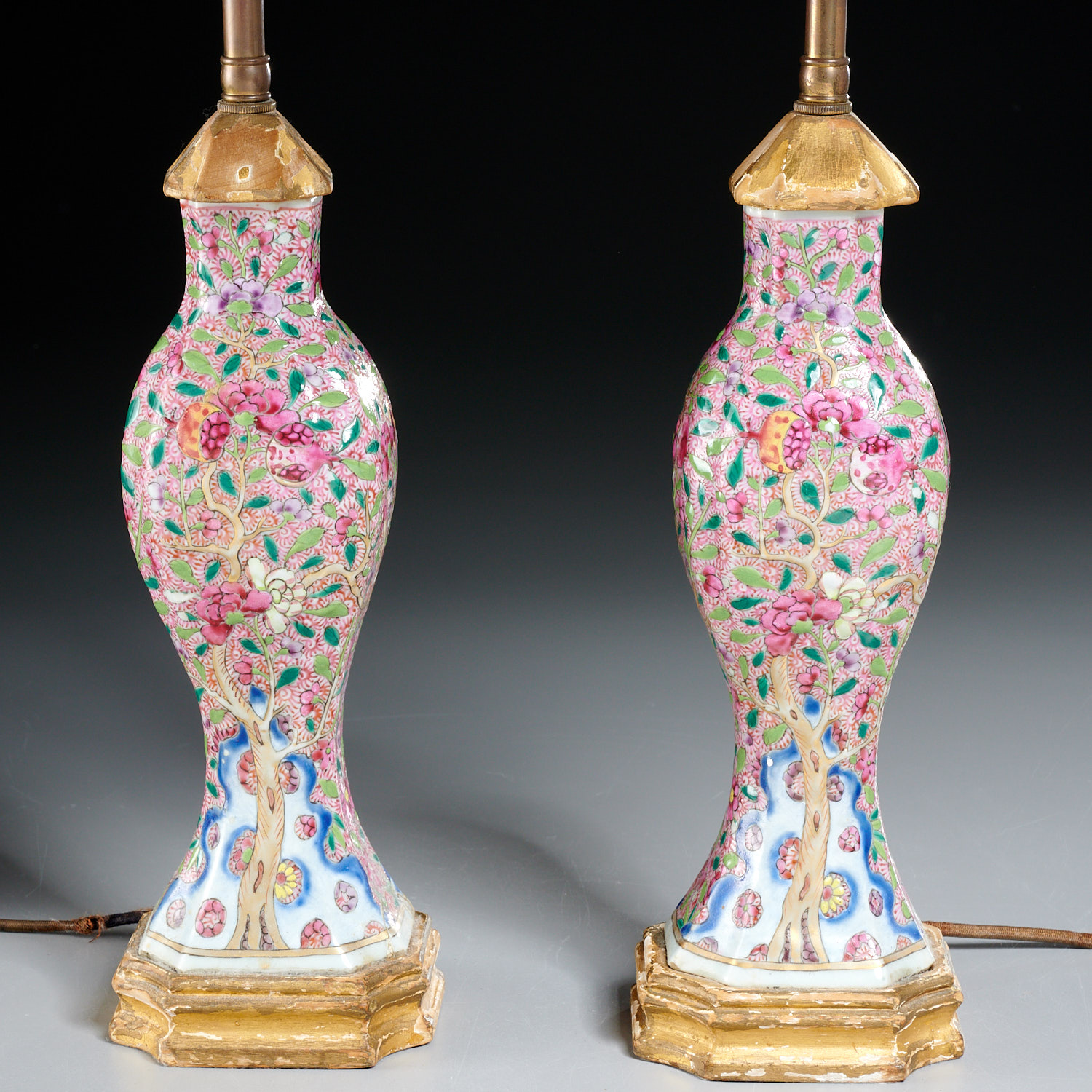 Appraisal: PAIR CHINESE EXPORT PORCELAIN PEACH TREE VASES th c mounted