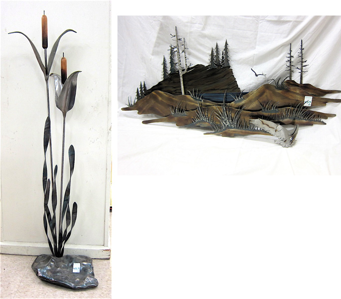 Appraisal: TWO IRON SCULPTURES a floor standing cattails sculpture measuring tall