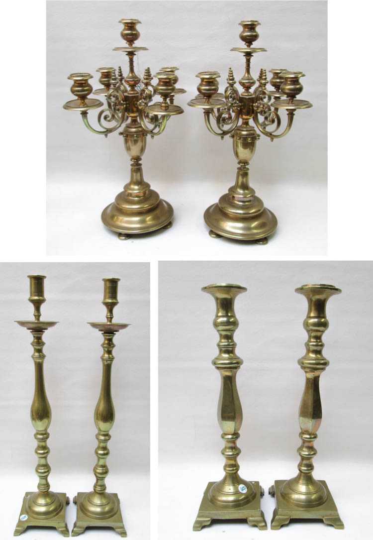 Appraisal: BRASS CANDELABRA AND CANDLESTICKS six pieces comprised of the pair