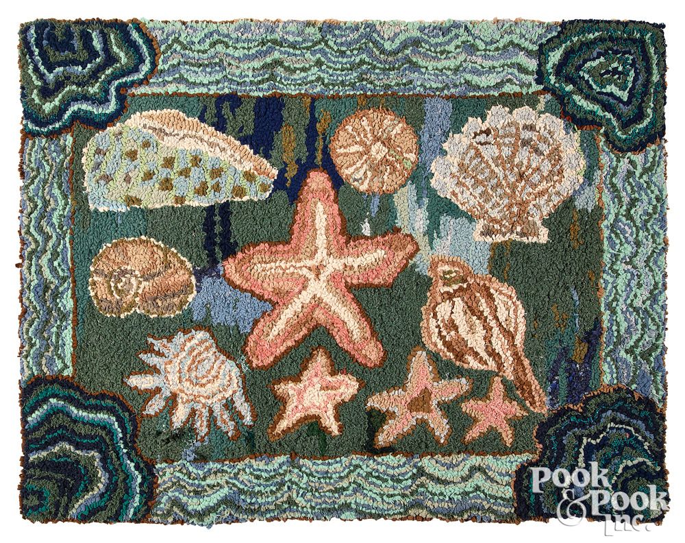 Appraisal: American hooked rug th c with starfish and sh American