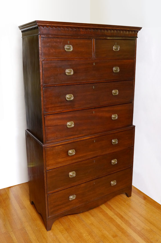 Appraisal: GEORGIAN ENGLISH MAHOGANY CHEST ON CHEST Carved and inlaid molding