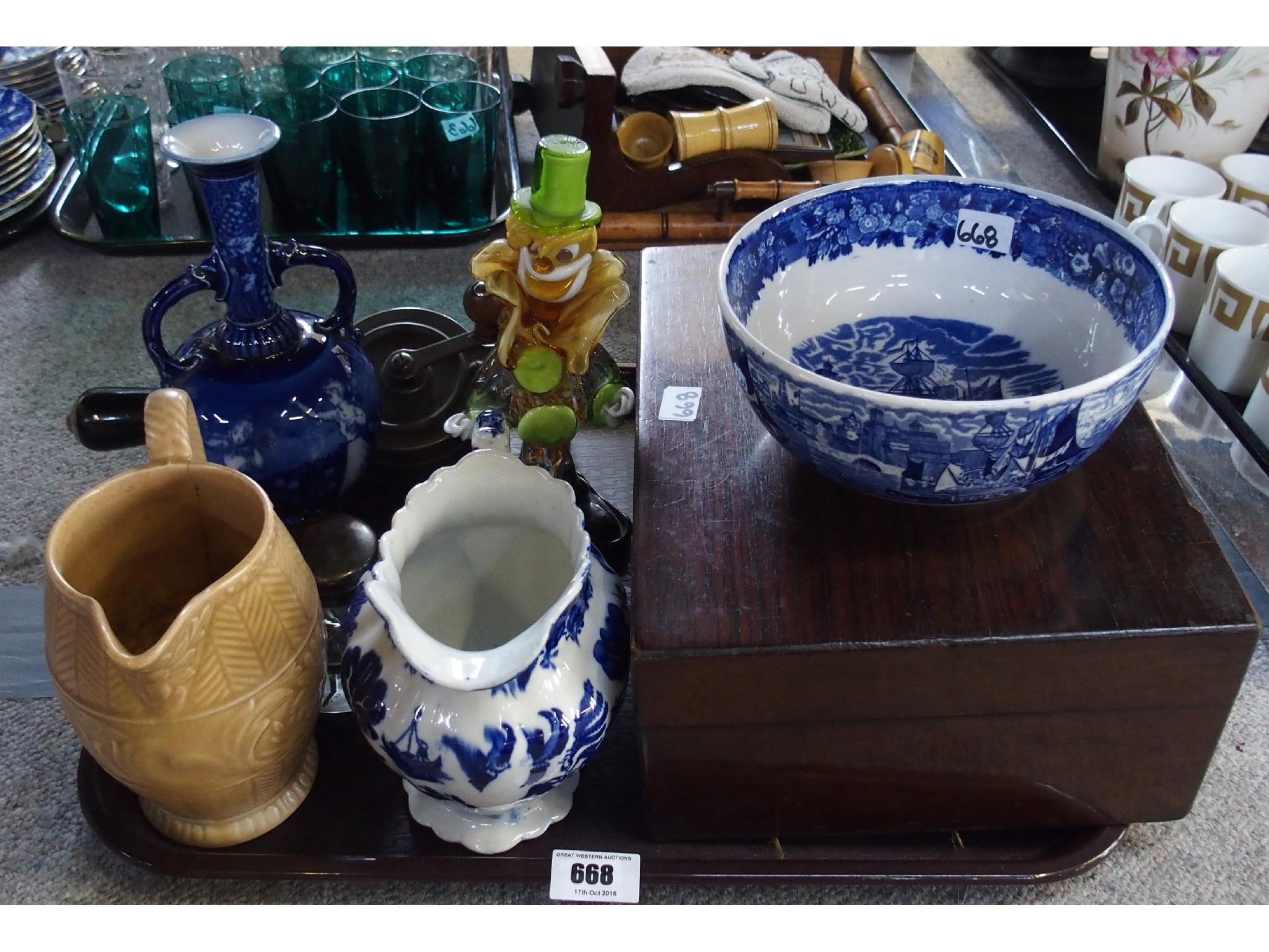 Appraisal: Tray comprising mahogany table box Wedgwood blue and white bowl