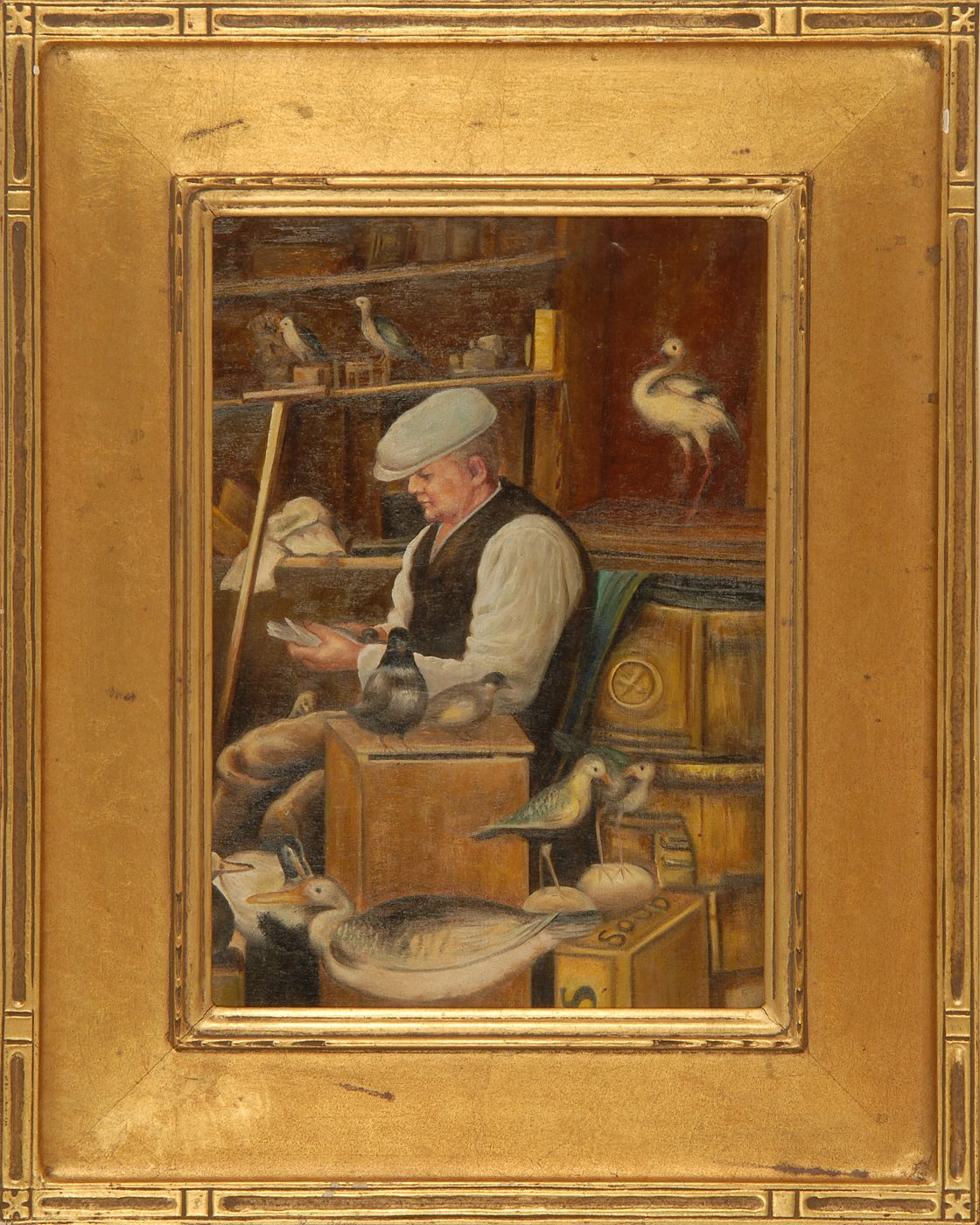 Appraisal: FRAMED PAINTING OF A ELMER CROWELL IN HIS SHOP American