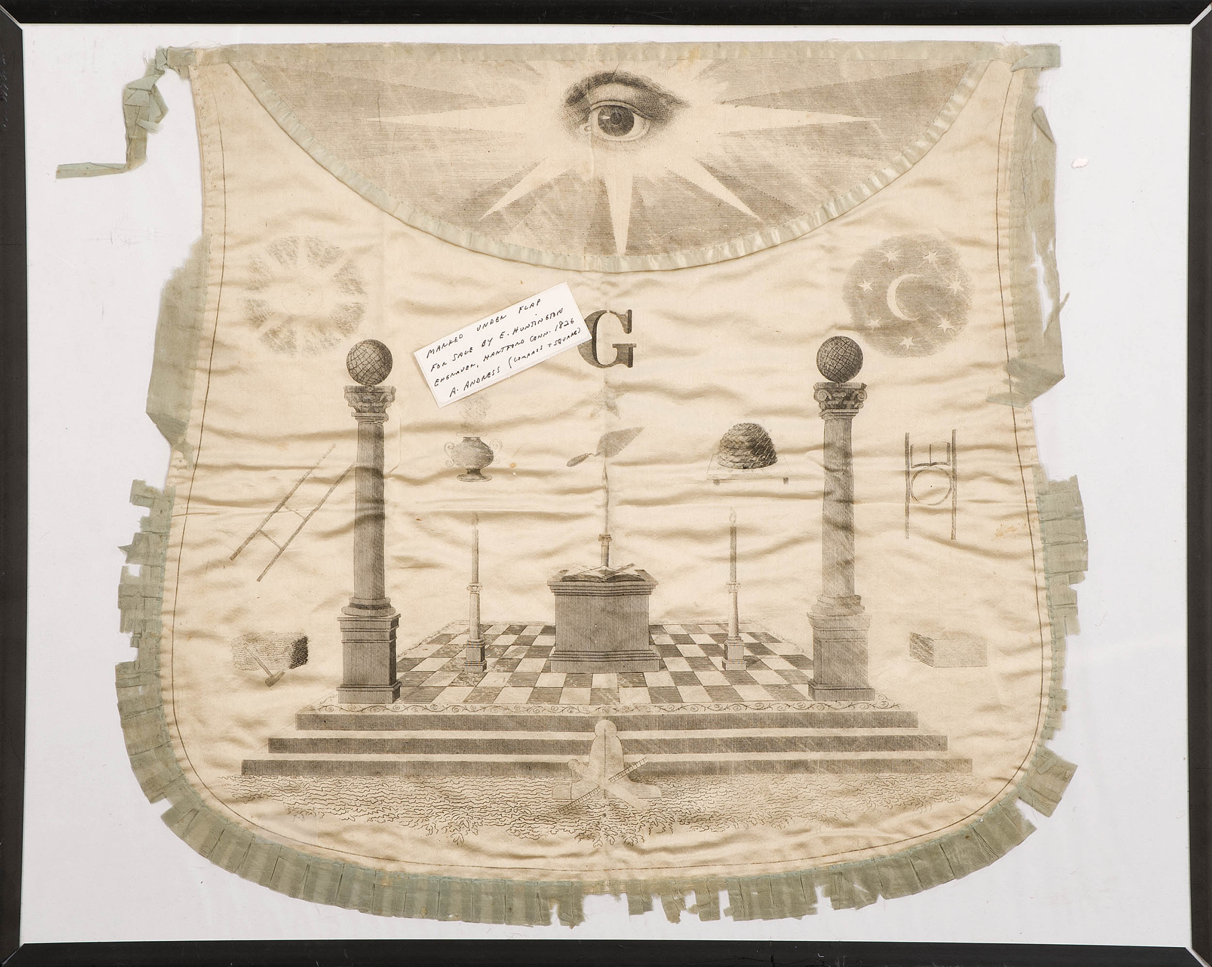 Appraisal: FRAMED MASONIC APRON Circa A compass and square For Sale