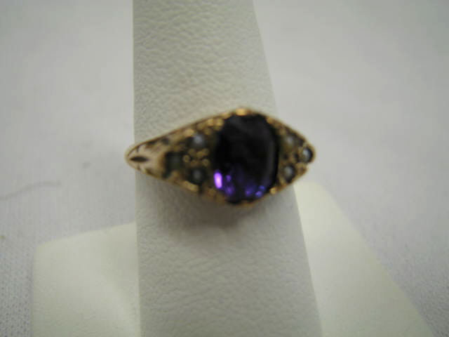 Appraisal: Amethyst Ring oval gem and six seed pearls in hallmarked