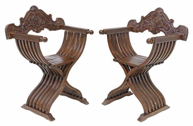 Appraisal: pair Italian walnut Savonarola chairs th c carved back with