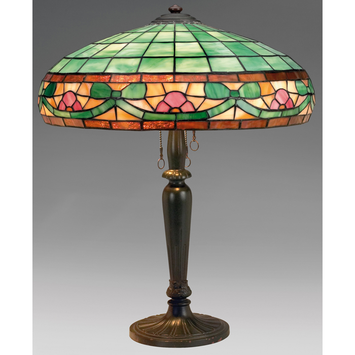 Appraisal: Handel lamp attribution bronzed metal base with painted finish supporting