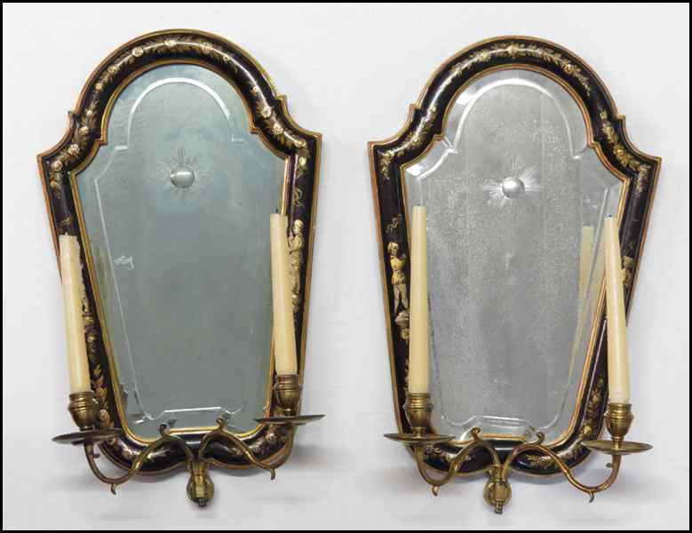 Appraisal: PAIR OF MIRRORED CHINOISERIE STYLE TWO-LIGHT SCONCES '' x ''