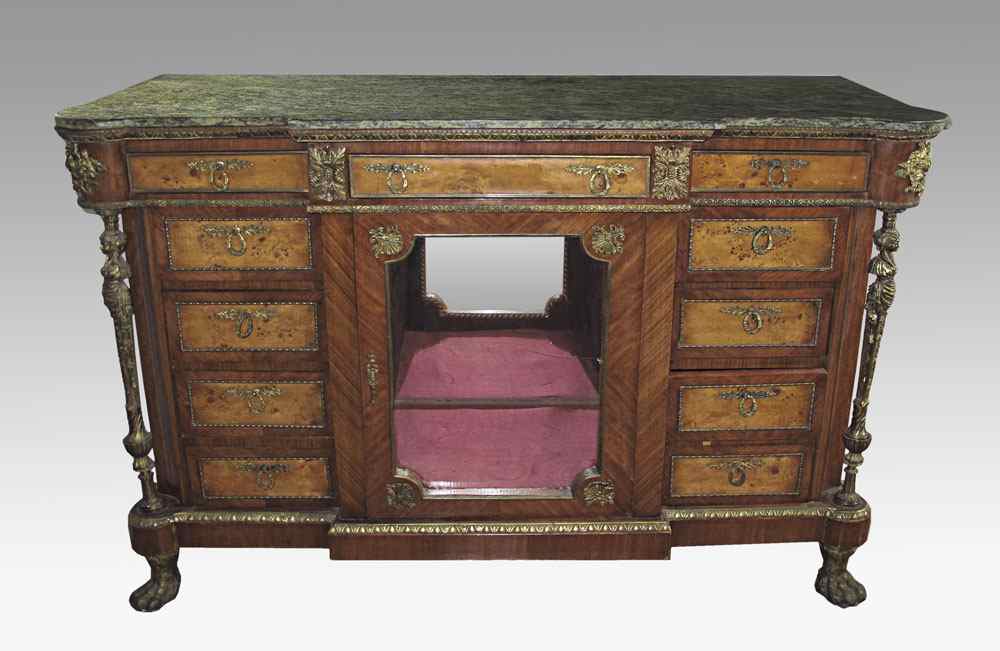 Appraisal: FRENCH STYLE GREEN MARBLE TOP ORMOLU SIDE CABINET Central glass