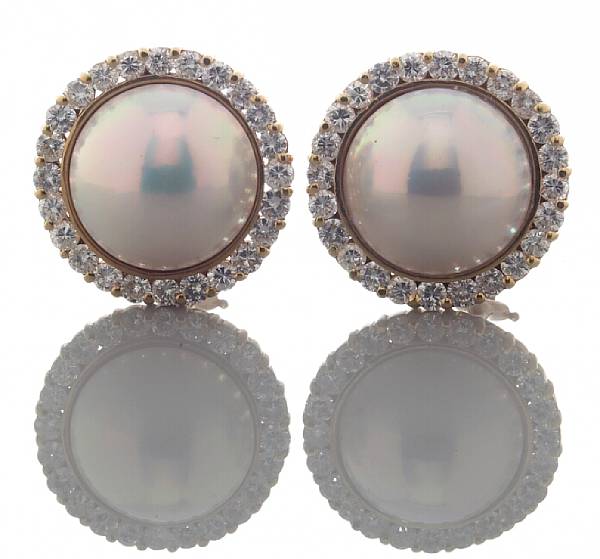 Appraisal: A pair of mab cultured pearl and diamond earrings pearls