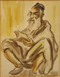 Appraisal: David Gilboa Romanian Israeli The watercolor depicting a seated rabbi