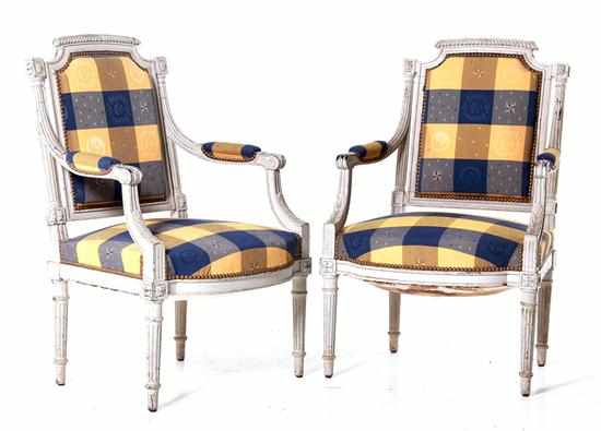 Appraisal: Pair Louis XVI style painted fauteuils early th century molded